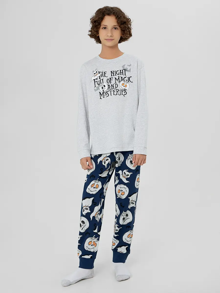 

Комплект для мальчиков (лонгслив, брюки), Серый;синий;серый меланж 4306-а +привидения на синем