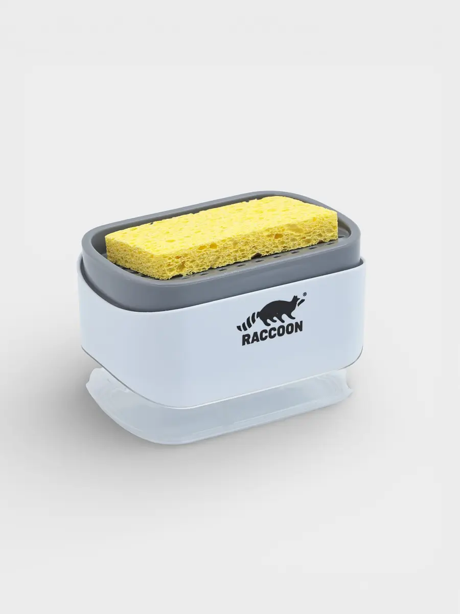 

Дозатор для моющего средства с подставкой для губки raccoon, губка в комплекте, Белый