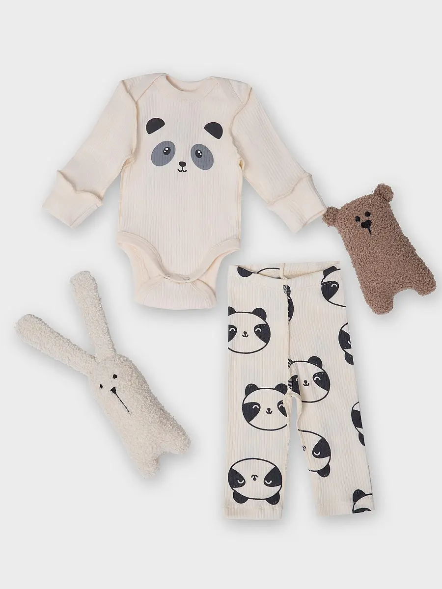 

Комплект детский (боди, ползунки), Бежевый;молочный +панды на молочном
