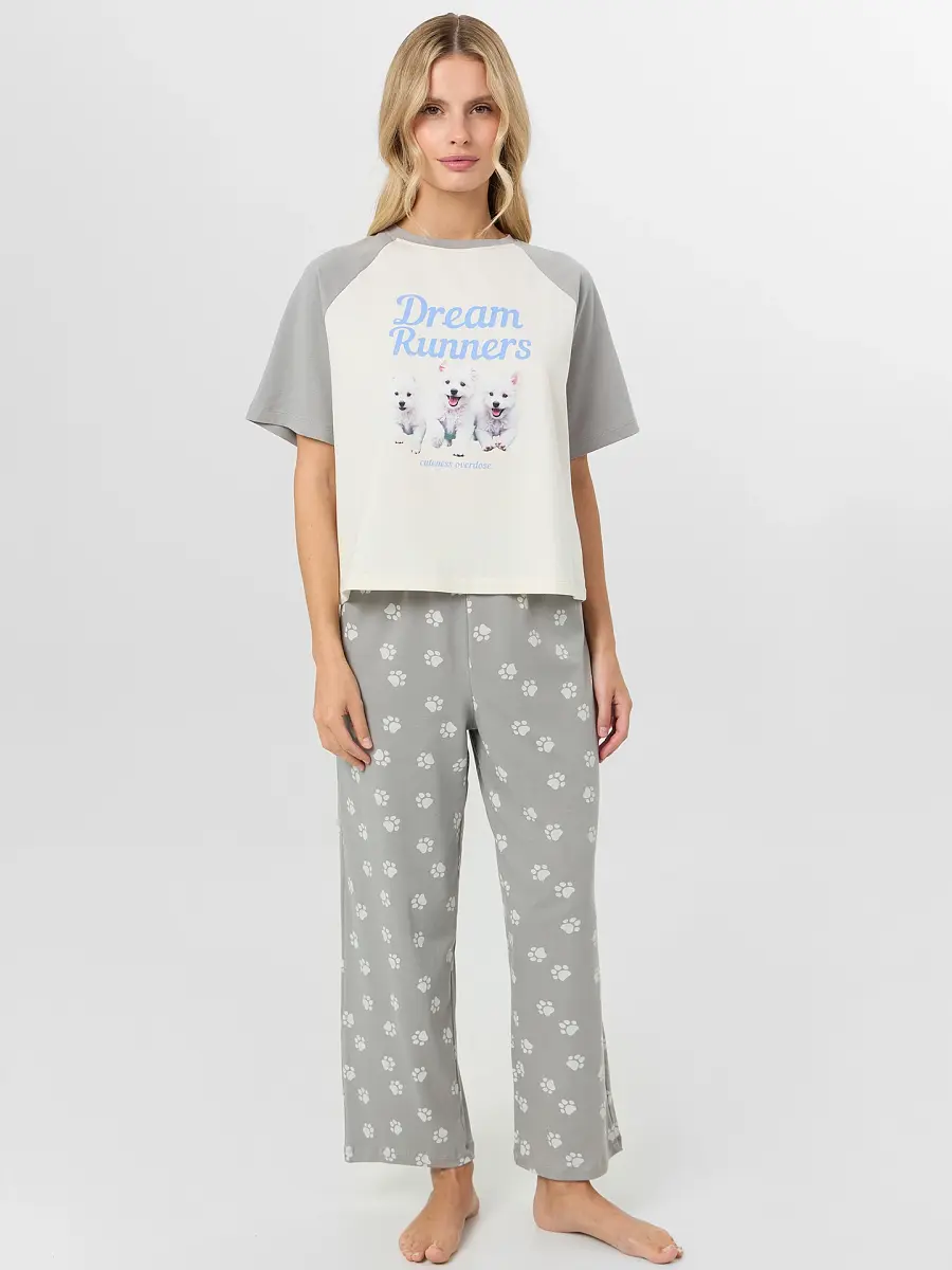 

Комплект домашний женский, Серый;молочный +лапки на сером