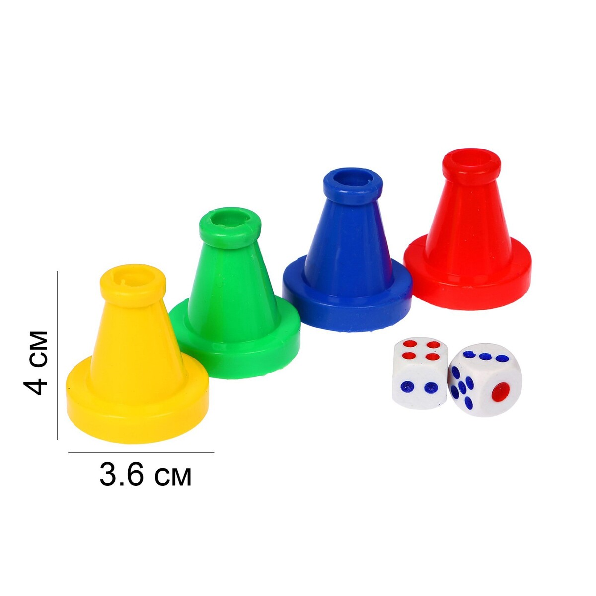 

Фишки для настольных игр, набор 4 шт., фишка 4×3.6 см, кубики игральные 2 шт. 1.5×1.5 см, Разноцветный
