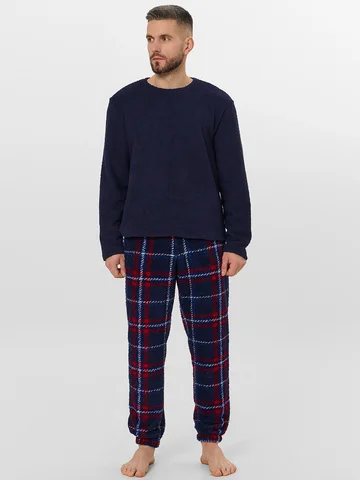 Комплект домашний мужской синий с меховы