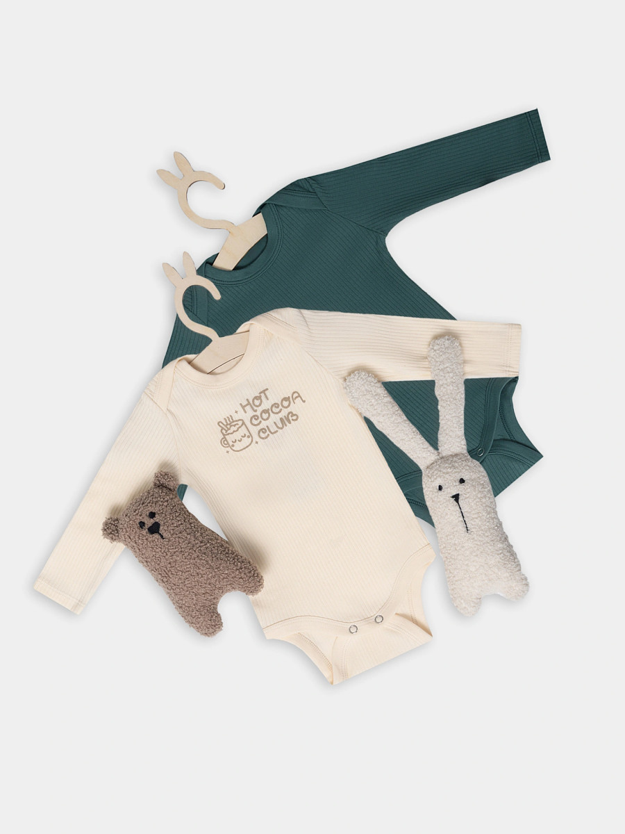

Боди детское (2шт.), Бежевый;зеленый;сливочное масло +дымчатая сосна +печать