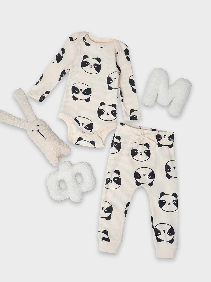 

Комплект детский (боди, ползунки), Бежевый;панды на молочном