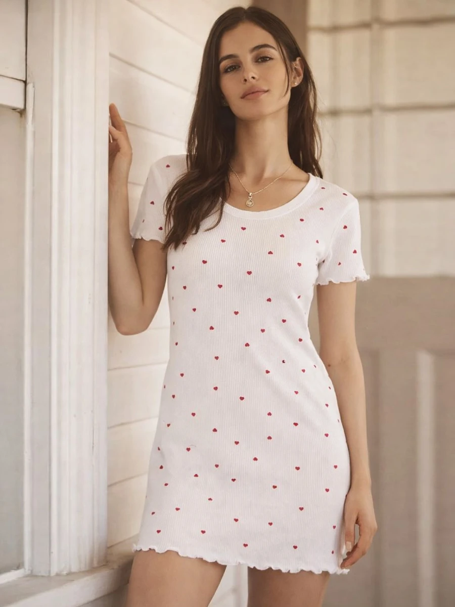 

Сорочка ночная женская белая с сердечками, Белый;алые сердца