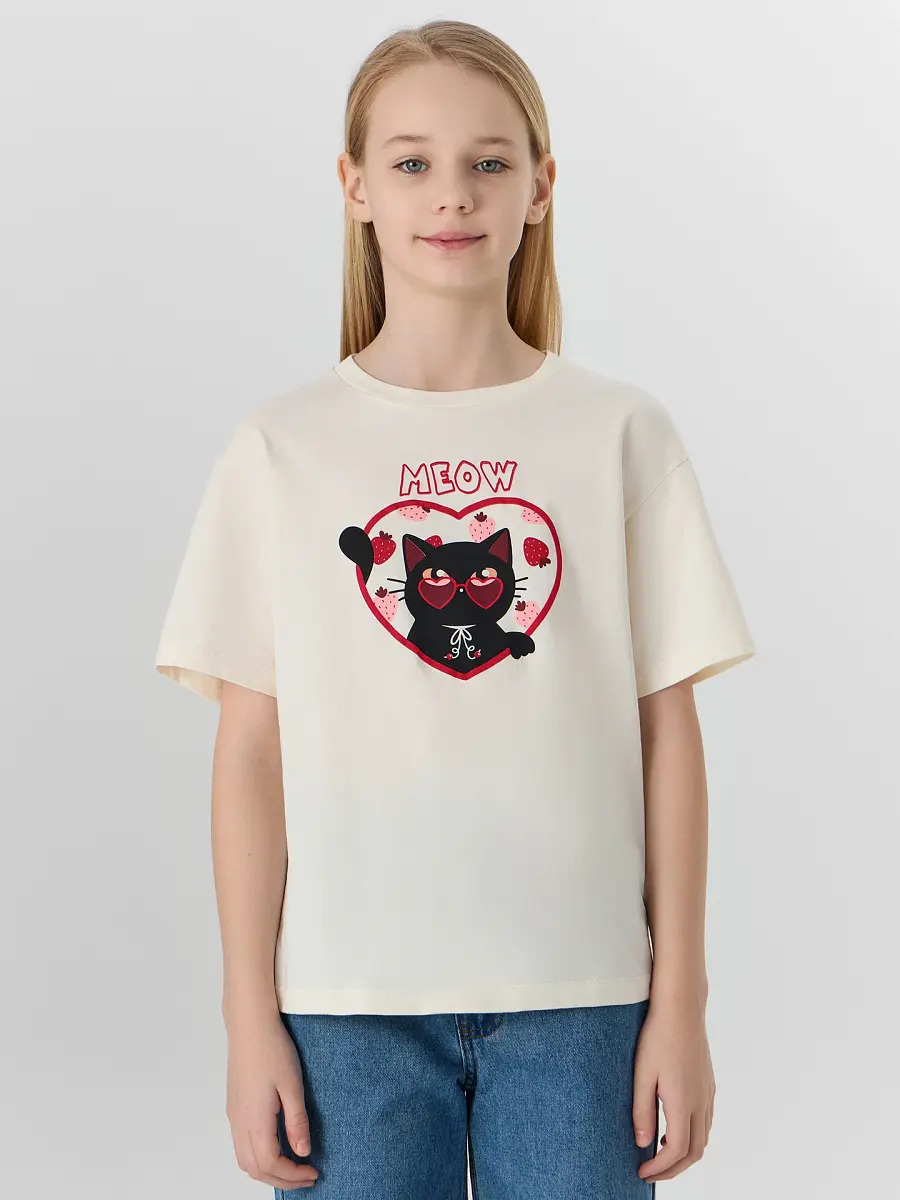 

Футболка для девочек, Бежевый;молочный +печать2