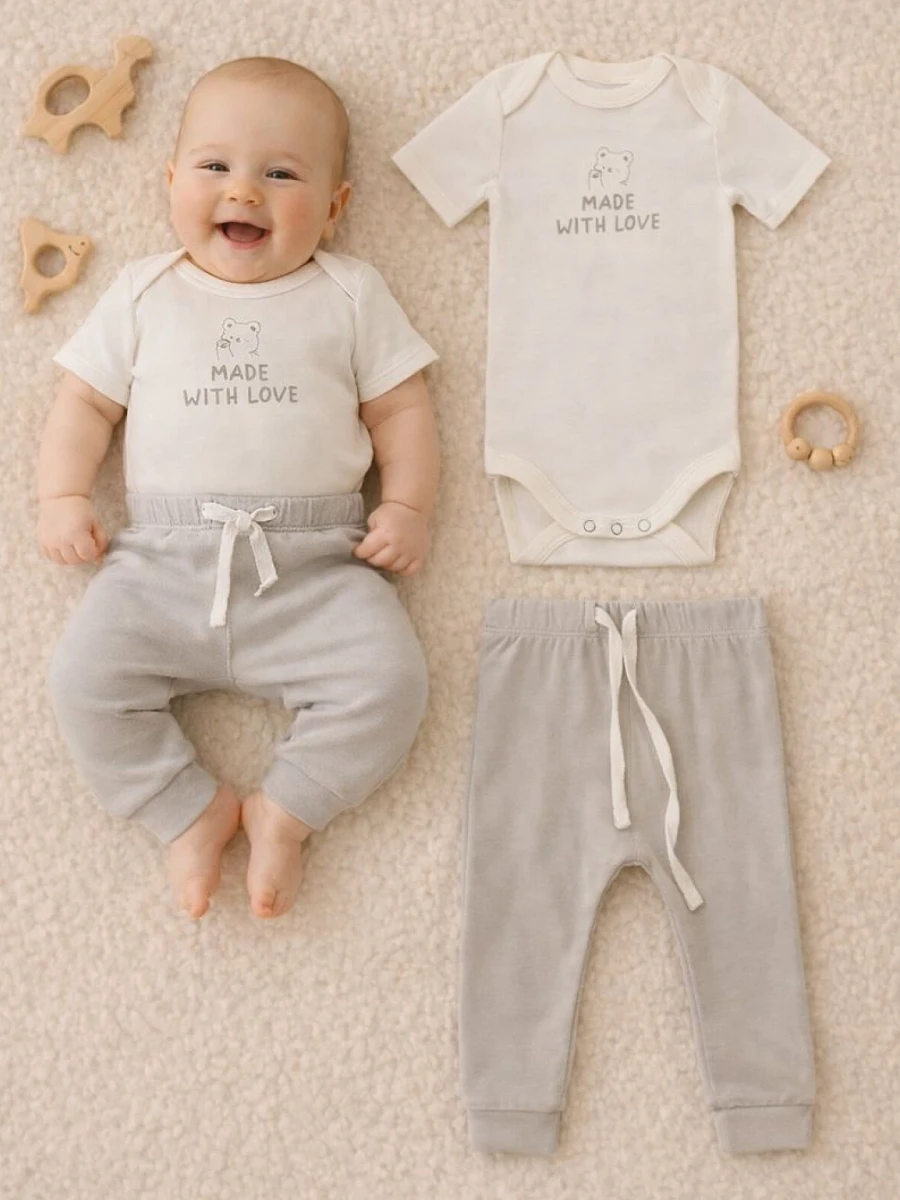 

Комплект детский бежевый с надписью: боди и ползунки, Бежевый;молочный +серо -коричневый +печать