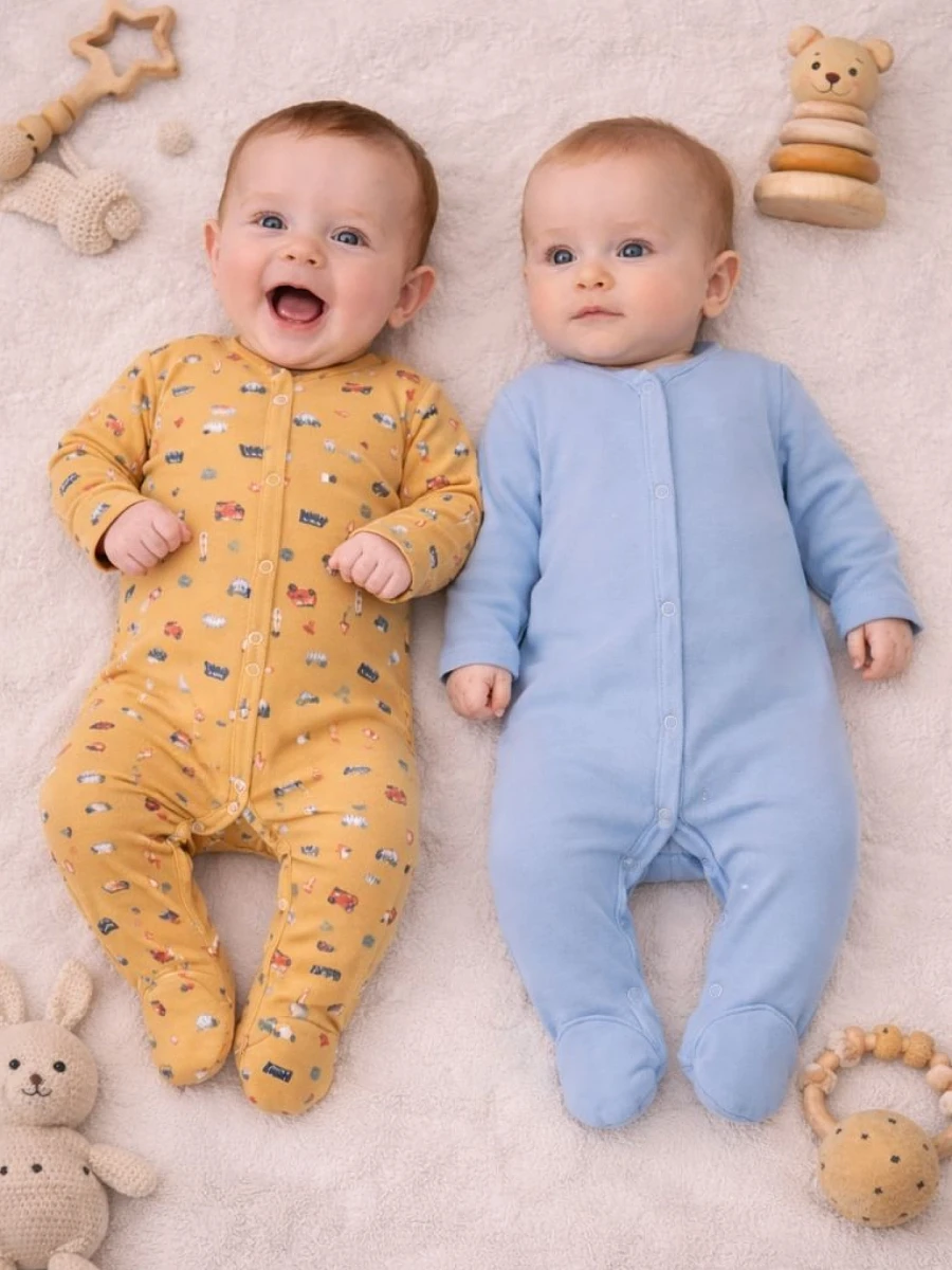 

Комбинезон нательный детский в наборе, 2 шт, Голубой;оранжевый;машинки на бисквите +серо -голубой