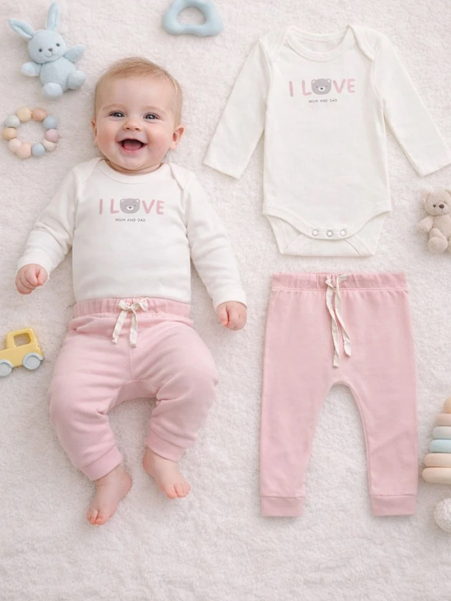 

Комплект детский: боди и ползунки, Белый;розовый;молочный +серебристо -розовый +печать