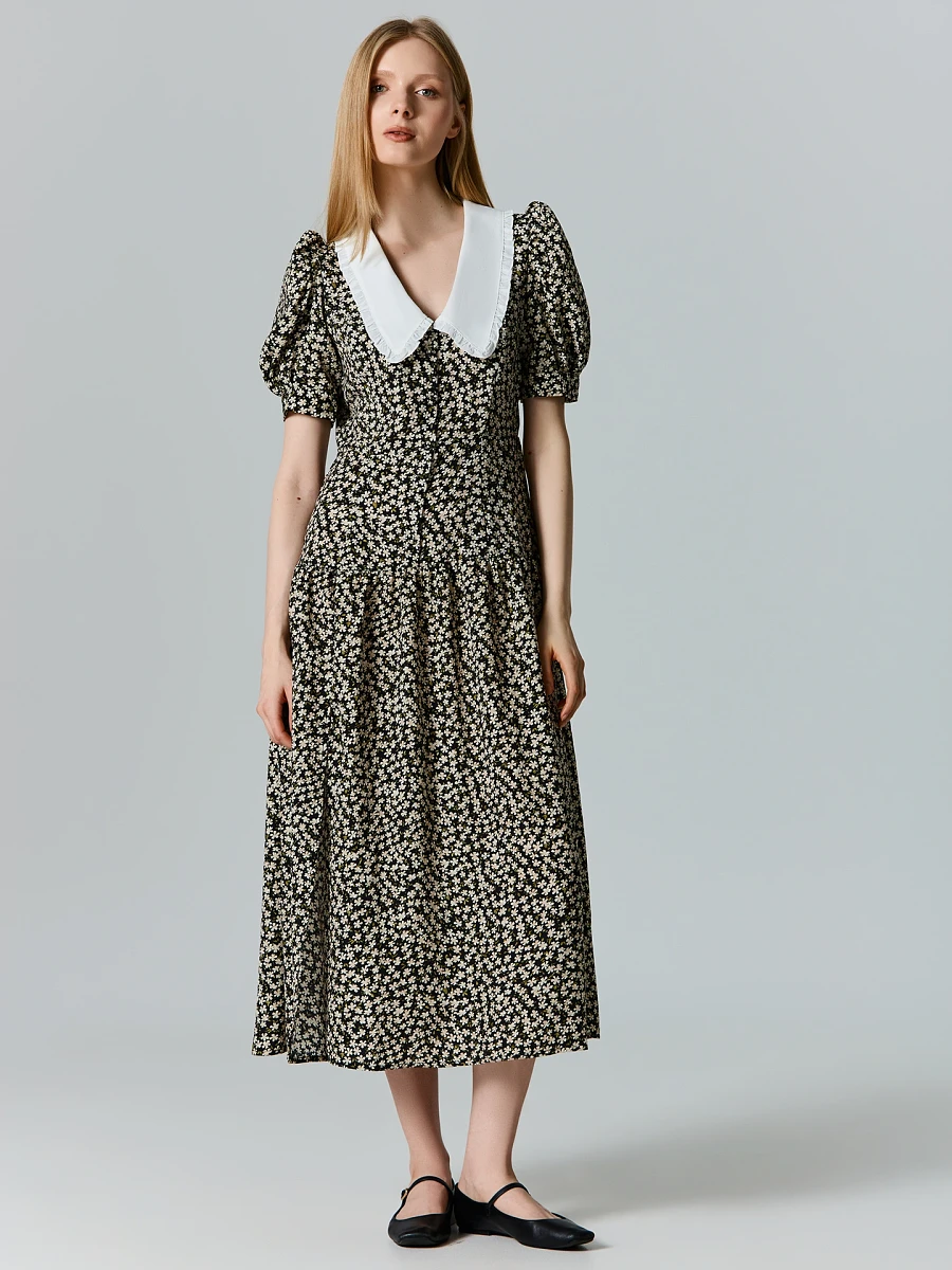 

Платье миди женское приталенное с воротником, Черный;мелкий цветочек