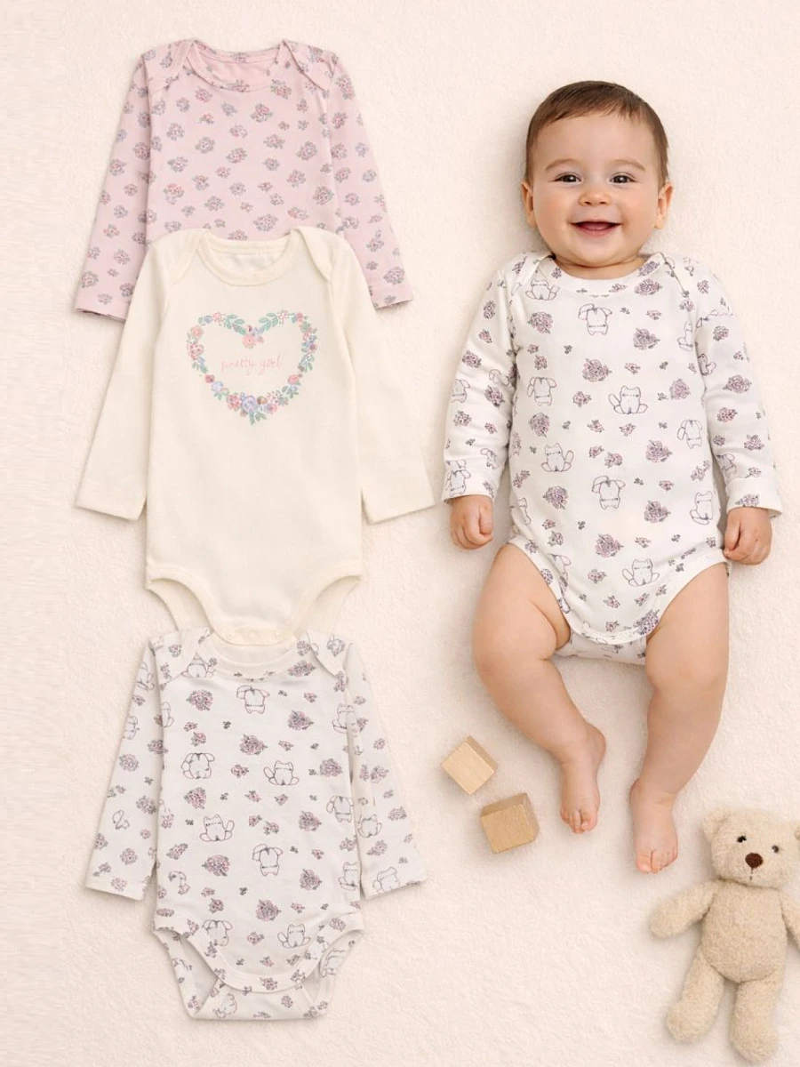 

Боди детское в наборе, 3 шт, Бежевый;разноцветный;розовый;молочный +котики с цветами на молочном +цветочки на розовом