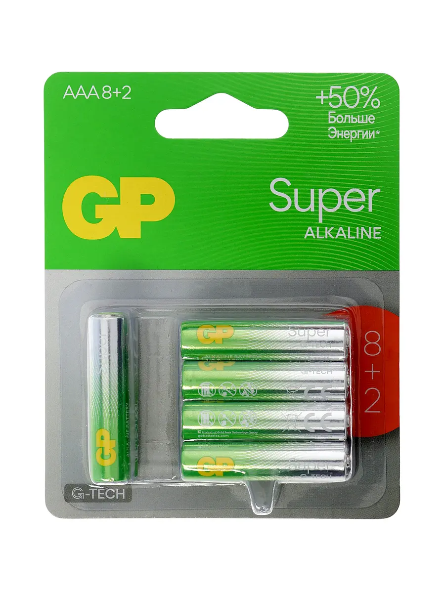 

Батарейка алкалиновая gp super, aaa, lr03-10bl, 1.5 в, 8+2 шт.