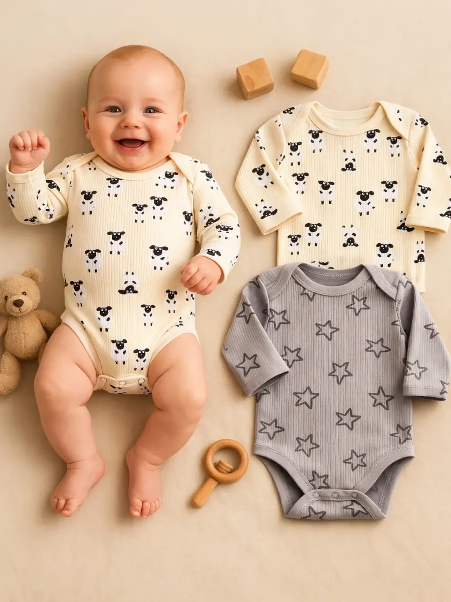 

Боди детское (2шт.), Бежевый;серый;барашки на абрикосовом +звездочки на сером