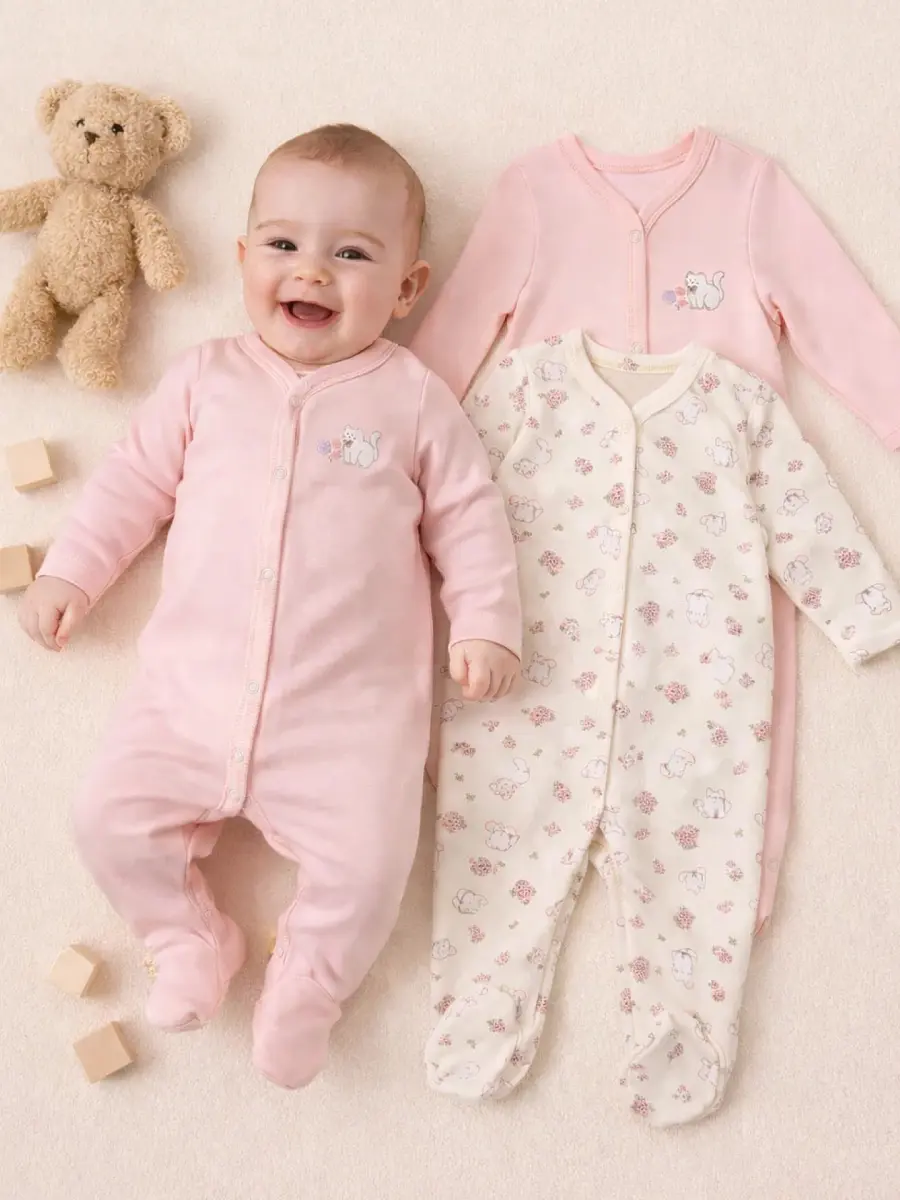 

Комбинезон нательный детский (2шт.), Розовый;котики с цветами на молочном +розовый