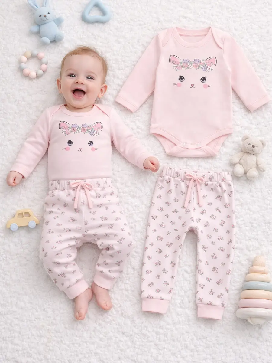 

Комплект детский розовый: боди и ползунки, Розовый;розовый +цветочки на розовом