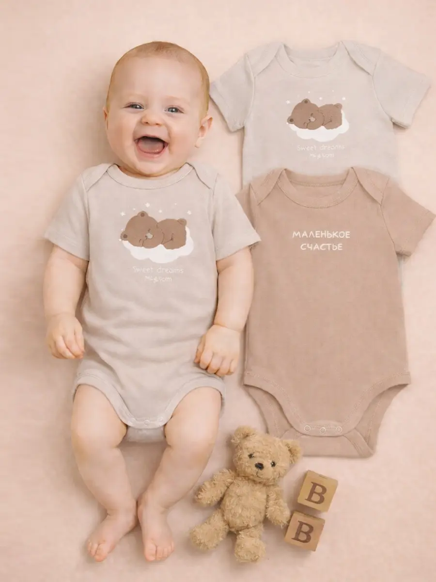 

Боди детское в наборе, 2 шт, Бежевый;серо-коричневый +бежевый +печать