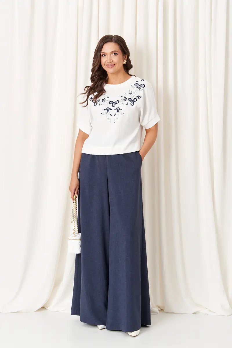 

Комплект женский (блузка, брюки), Бело-синий