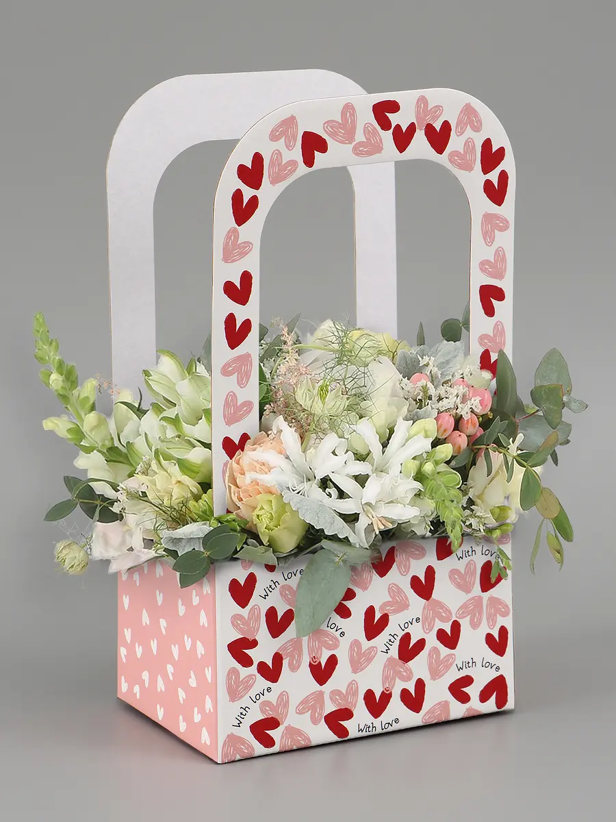 

Коробка - переноска для цветов, Красный;белый;розовый