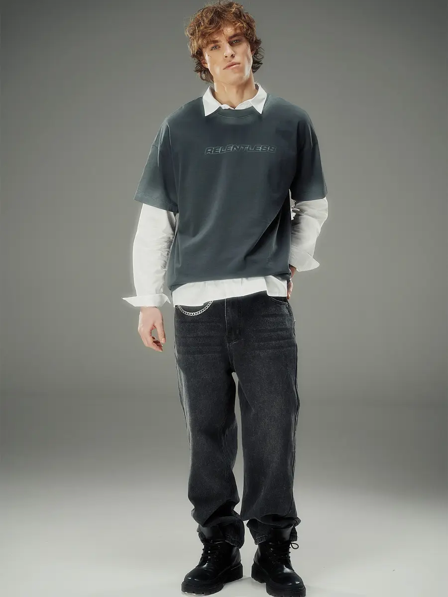 

Футболка прямая мужская серая, Серый;графит +печать1