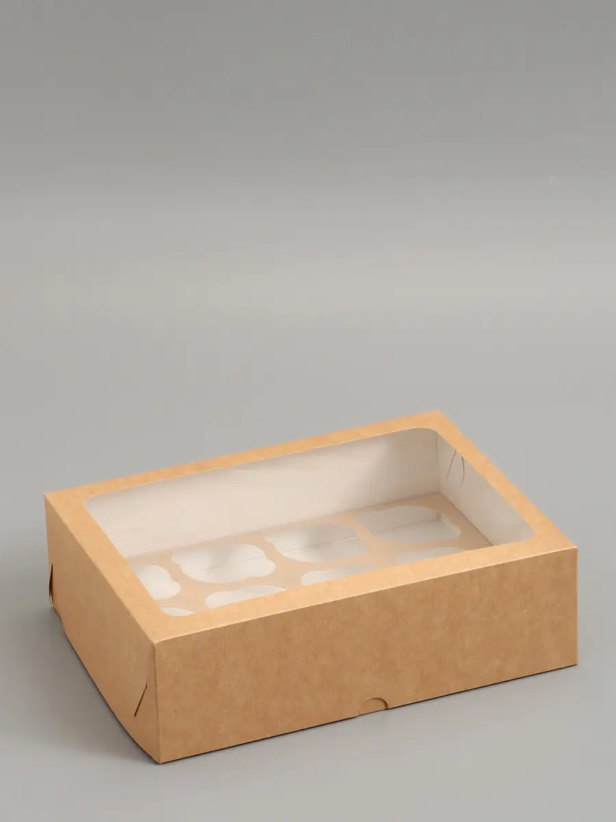 

Коробка под 12 капкейков с окном, крафт, 32.5×25.5×10 см, 5 шт., Бежевый