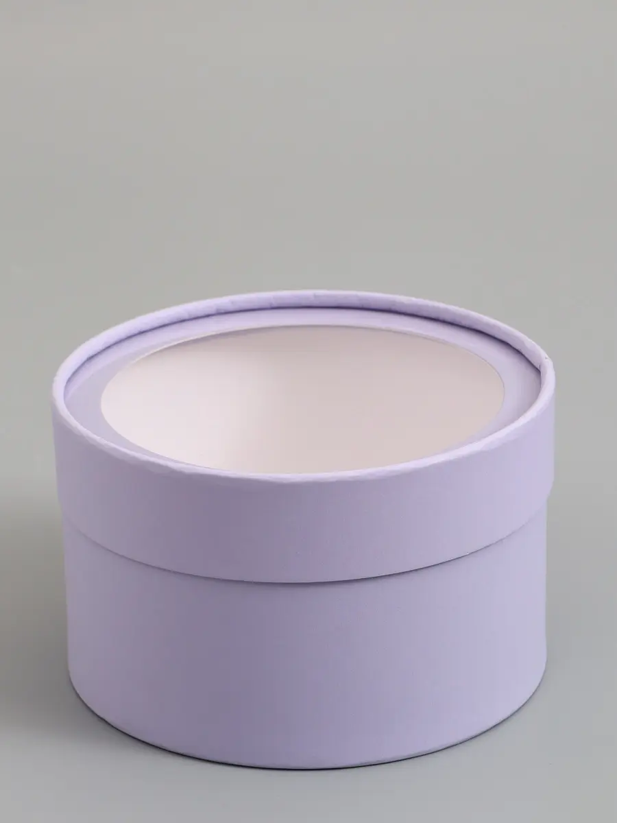 

Подарочная коробка круглая, бледно-фиолетовая, завальцованная с окном, 16×11 см, Фиолетовый;сиреневый