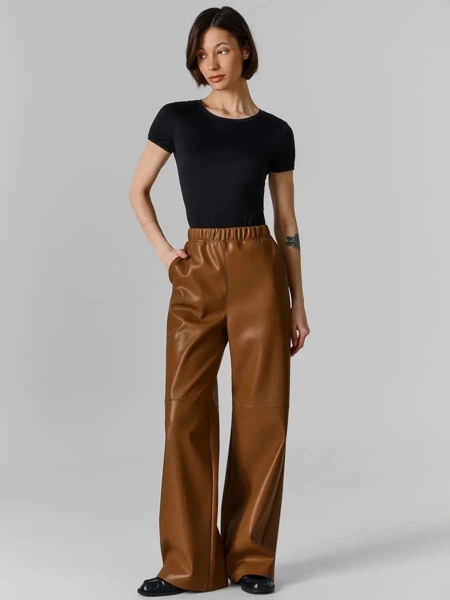 

Брюки женские из экокожи коричневые с высокой посадкой, Шоколад