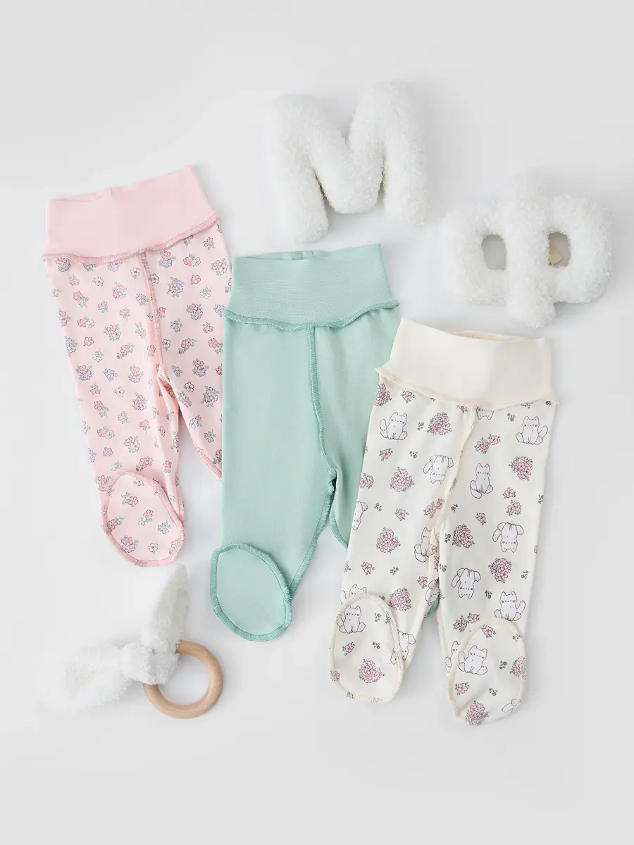 

Ползунки детские (3шт.), Бежевый;зеленый;розовый;котики с цветами на молочном +мята +цветочки на розовом