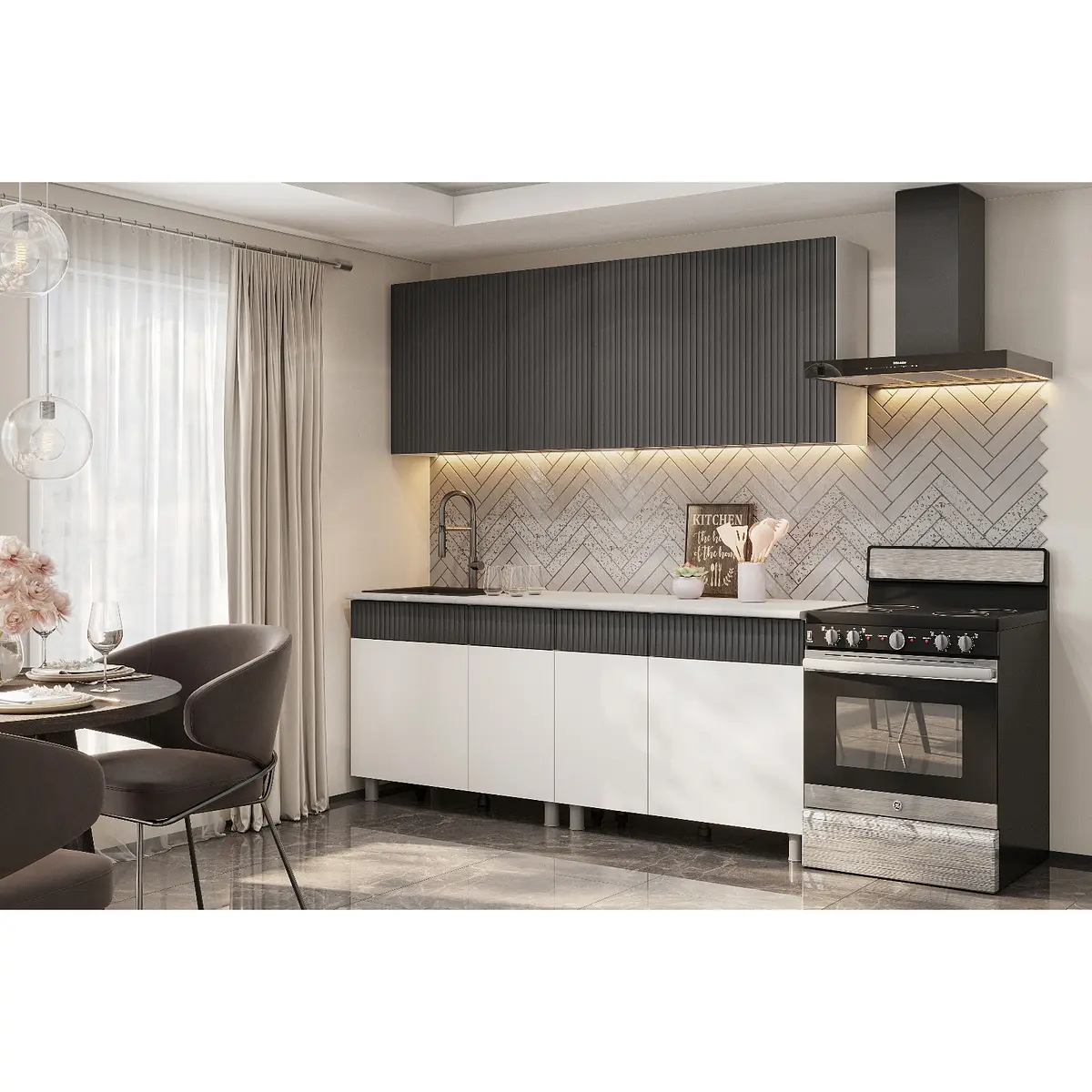 

Кухонный гарнитур 2000 софия, графит мдф/белый мдф/столешница антарес