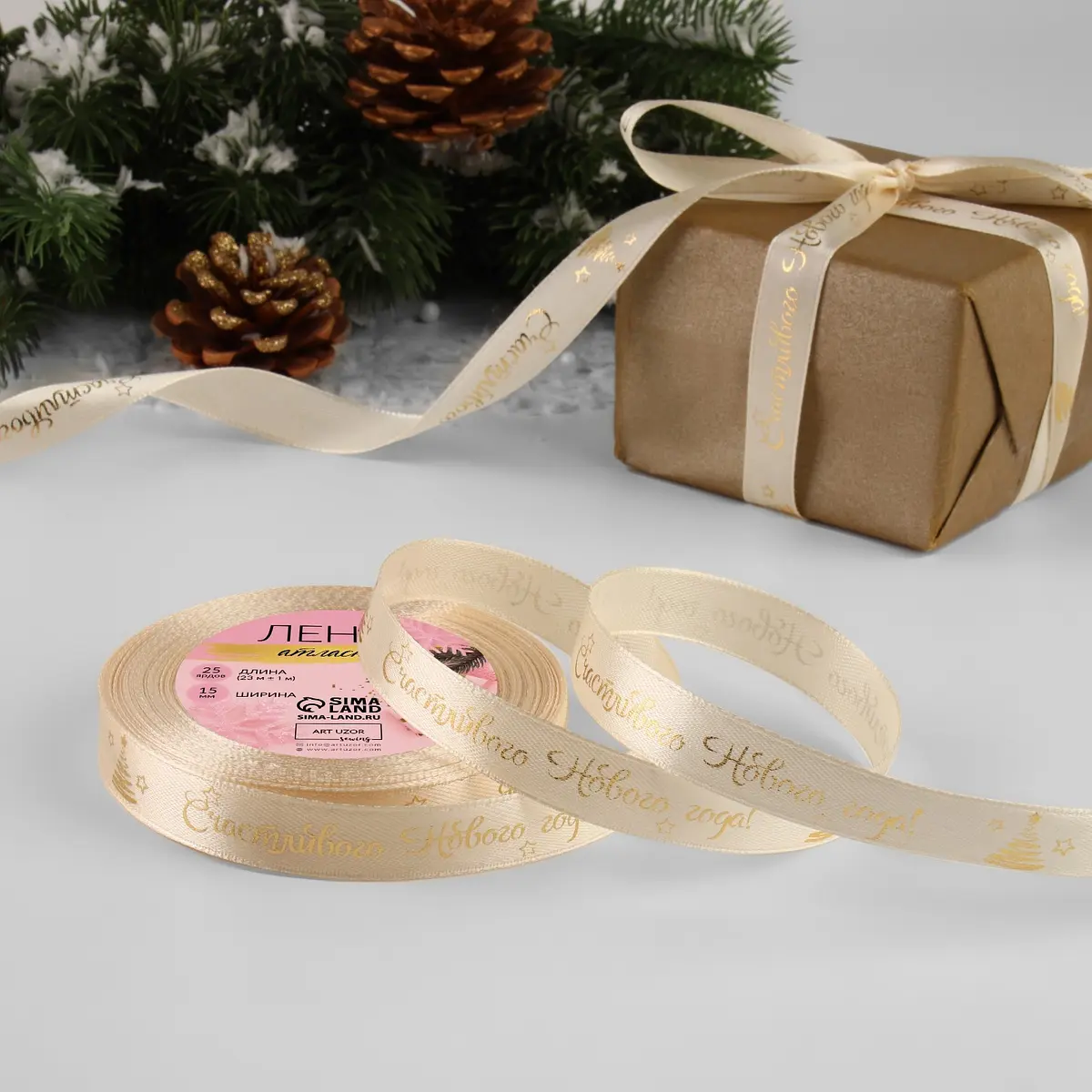 

Лента атласная с тиснением, Бежевый;золотистый