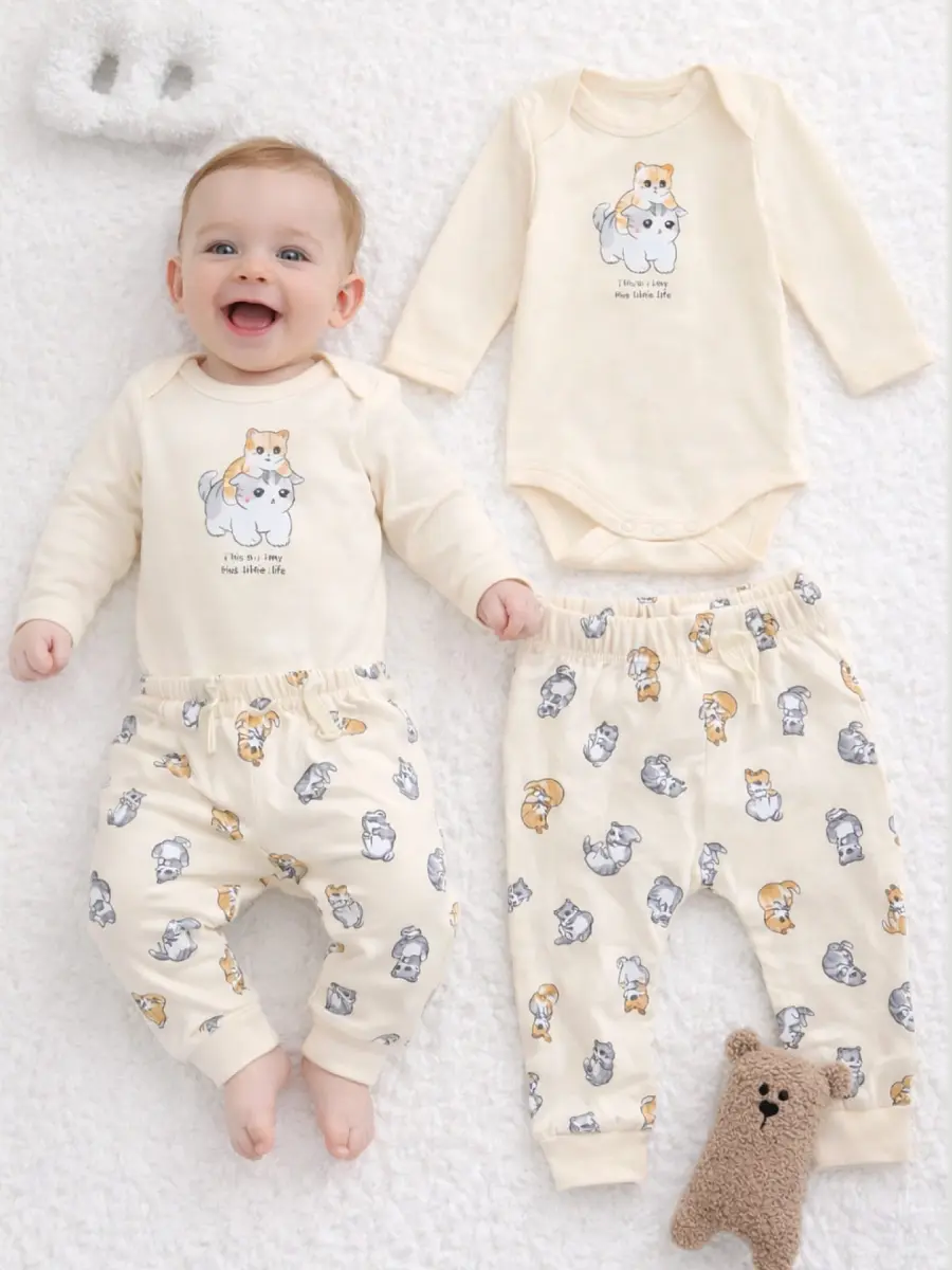 

Комплект детский (боди, ползунки), Бежевый;сливочное масло +котики на слив. масле