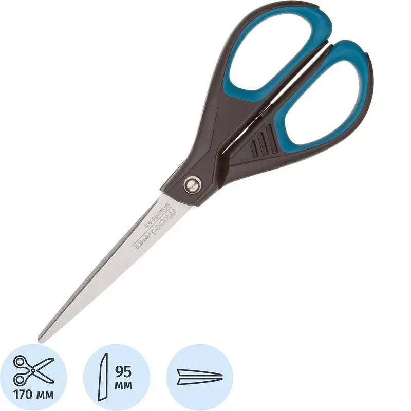 

Ножницы 170 мм Maped Essentials soft с пластиковыми прорезиненными симметричными ручками черного/синего цвета 468210