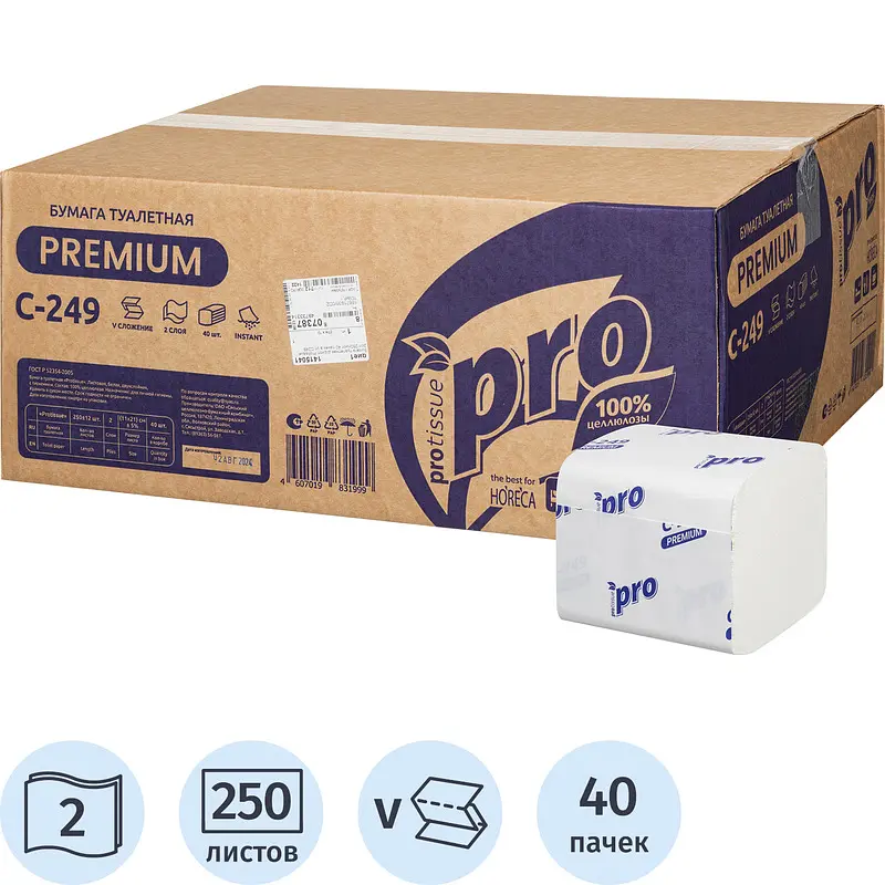 

Бумага туалетная листовая Protissue T3 2-слойная белый 40 пачек по 250 листов (С249)