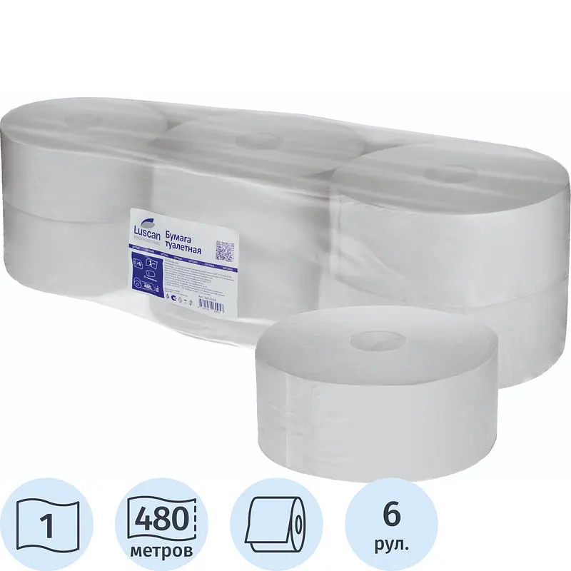 

Бумага туалетная рулонная Luscan Professional T1 1-слойная цвет натуральный белый 6 рулонов по 480 метров