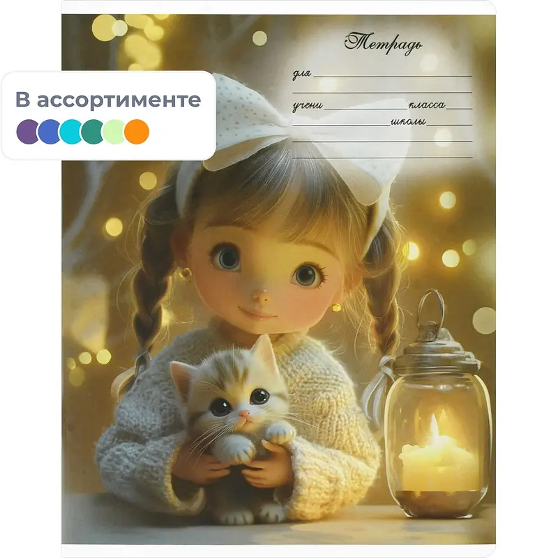 

Тетрадь школьная Феникс+ Девочки с котятами А5+ 12 листов в линейку УФ-выборочный глянцевый лак, Разноцветный