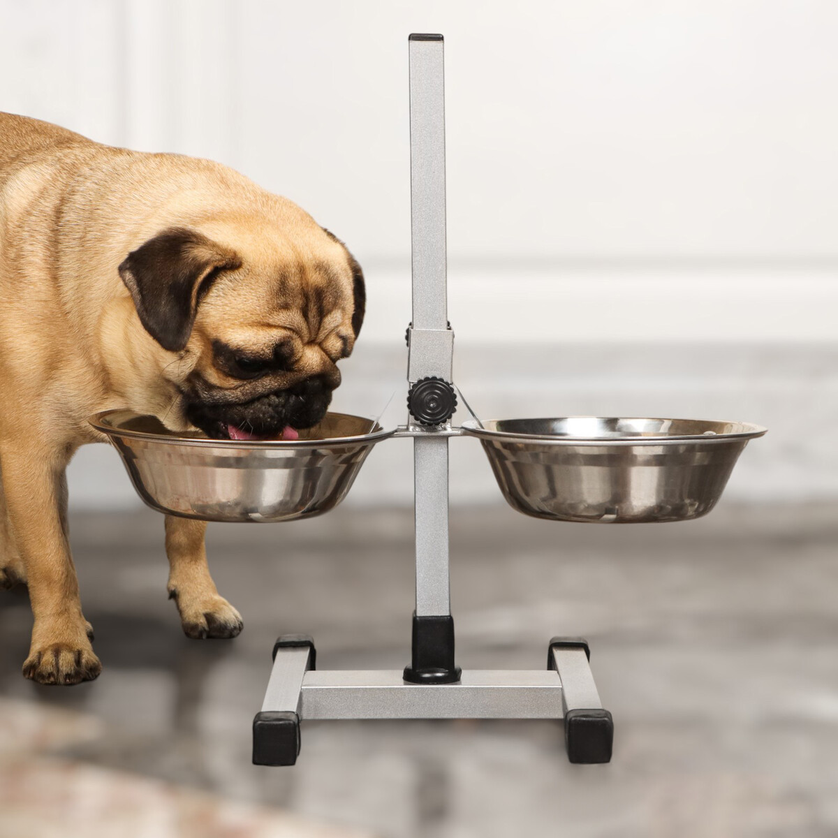 

Подставка с мисками, 2×2 л, высота 50 см, разборная с верхним фиксатором, хром, Серебристый