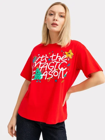 Футболка женская новогодняя в красном цв