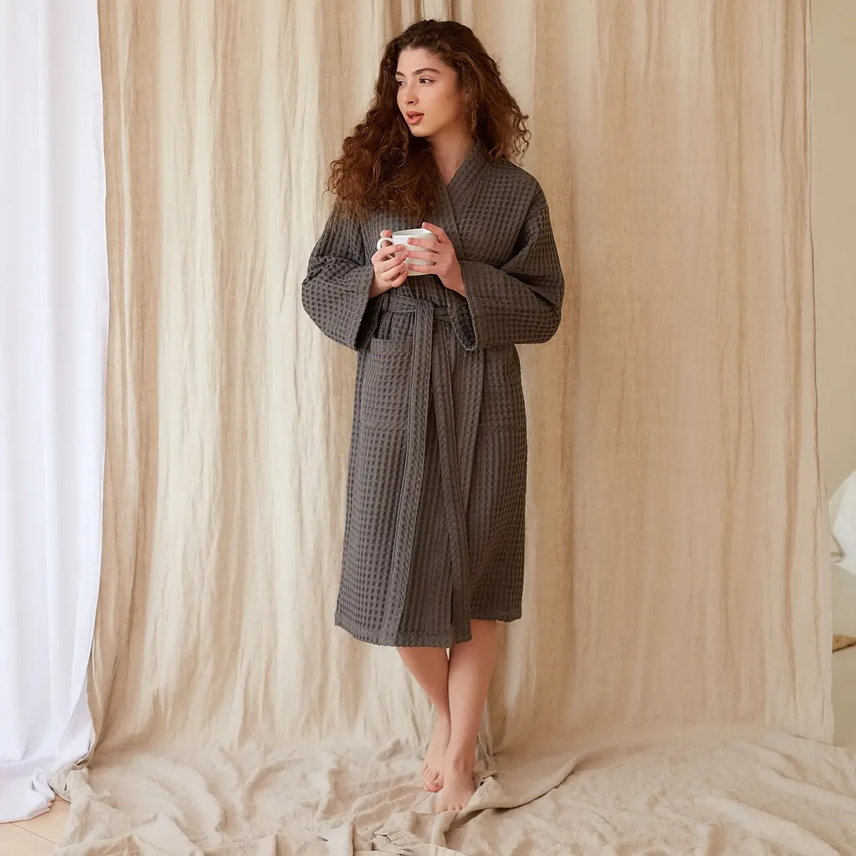 

Халат вафельный удлиненный, Серый